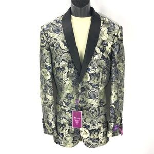 Vinci Men's Blazer Gold Black Paisley Pattern Slim Fit 2 Button Sizes S - 2XL
